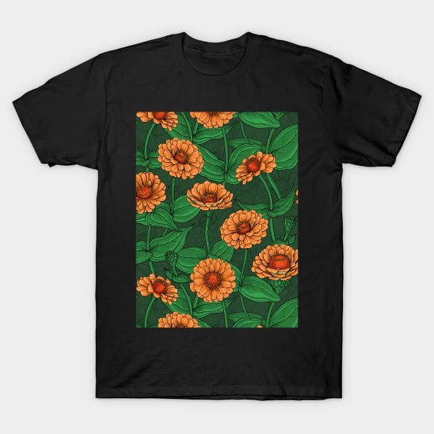 Orange Zinnia flowers, green leaves on dark green T-Shirt by katerinamk
